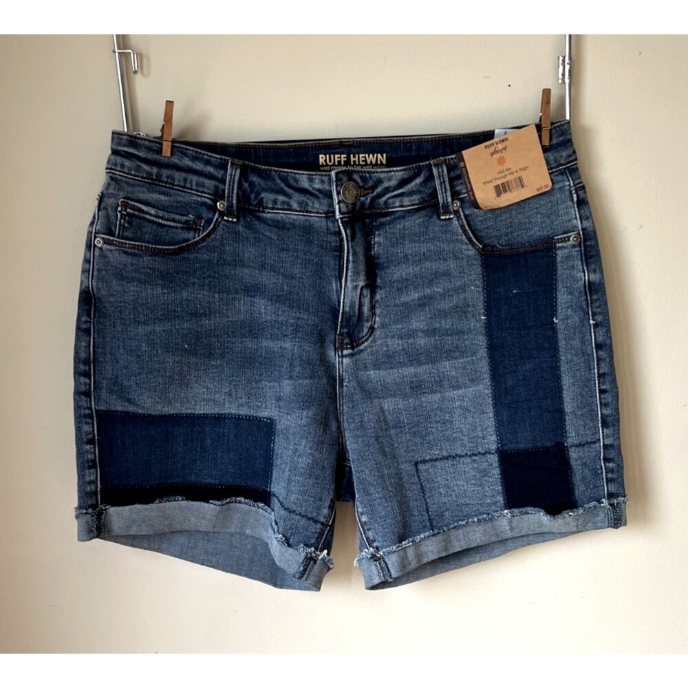Ruff Hewn Denim Stretch Shorts Womens Sz 14 Midrise Cuffed Patches Fitted Hip
